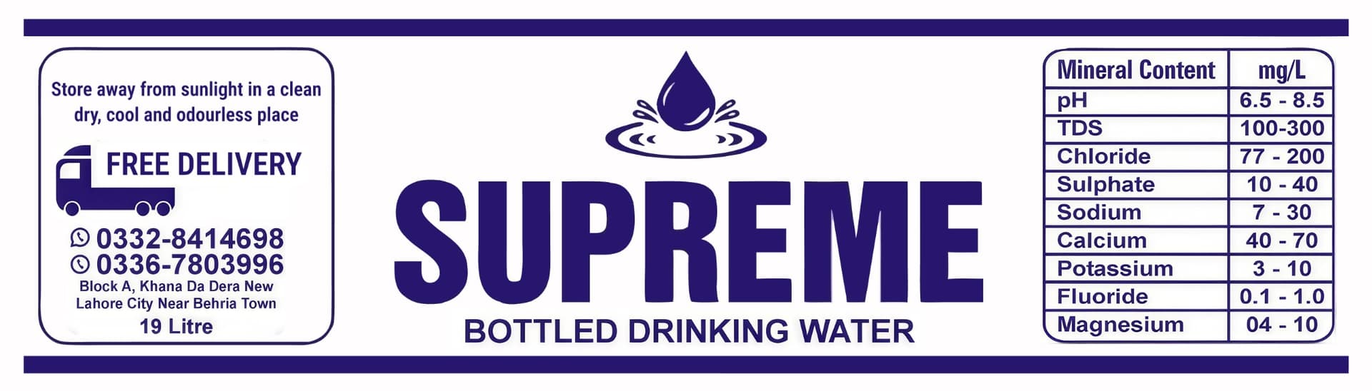 Supreme Bottled Drinking Water Label